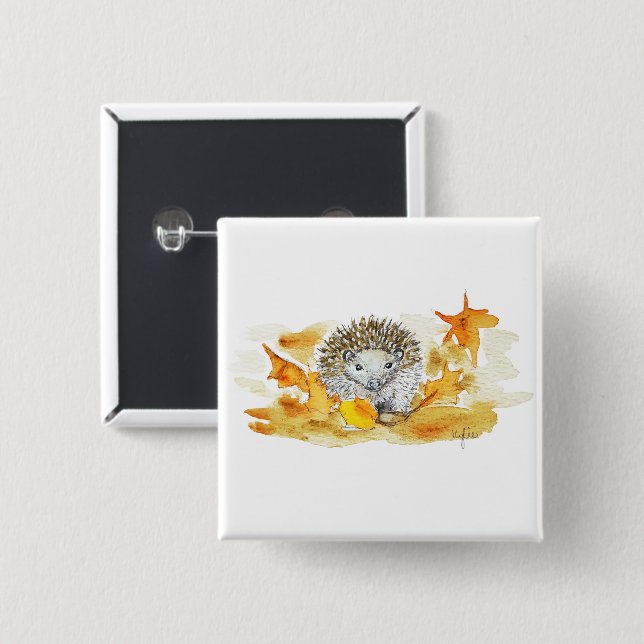 Hedgehog In Fall Leaves 2 Inch Square Button (Front & Back)