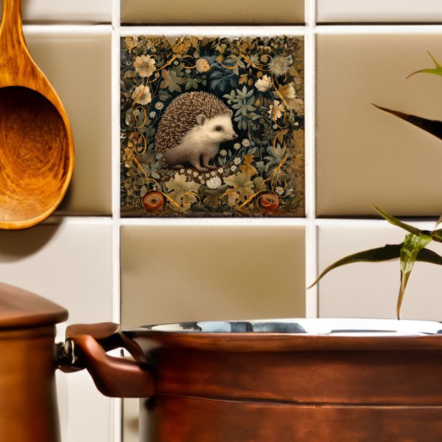 Hedgehog in the Forest William Morris style Tile (Size approximates the larger size.)