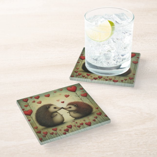 Hedgehog Love 1 Glass Coaster (Angled)