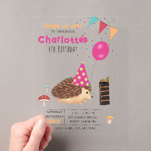 Hedgehog Mushroom Woodland Forest Balloon Birthday Acrylic Invitations