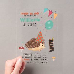 Hedgehog Mushroom Woodland Forest Balloon Birthday Acrylic Invitations