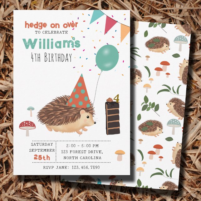 Hedgehog Mushroom Woodland Forest Balloon Birthday Invitation (Hedgehog Mushroom Woodland Forest Balloon Birthday Invitation)