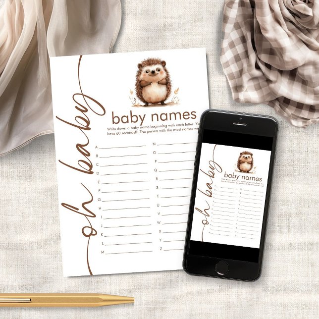 Hedgehog Oh Baby Names Carte de jeu de douche (Créateur téléchargé)