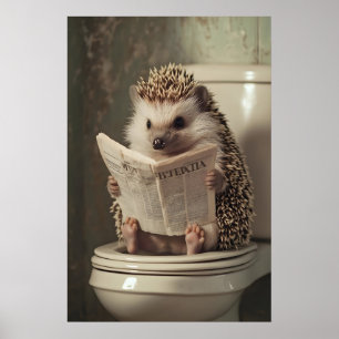 Hedgehog on Toilet Print, Funny Bathroom AI Art Poster