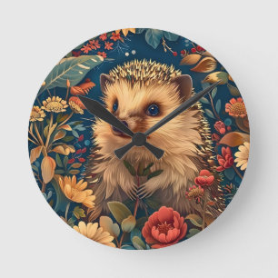 Hedgehog Pattern Vintage Forest Floral Garden Round Clock
