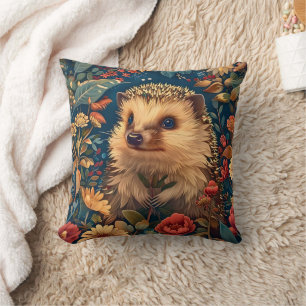 Hedgehog Pattern Vintage Forest Floral Garden Throw Pillow
