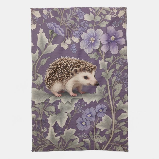 Hedgehog Purple William Morris Inspired Floral Kitchen Towel (Vertical)