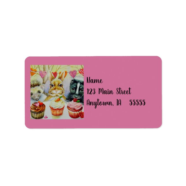 Hedgehog Rabbit Skunk & Cupcakes Watercolor Art Label (Front)