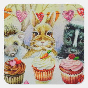 Hedgehog Rabbit Skunk & Cupcakes Watercolor Art Square Sticker