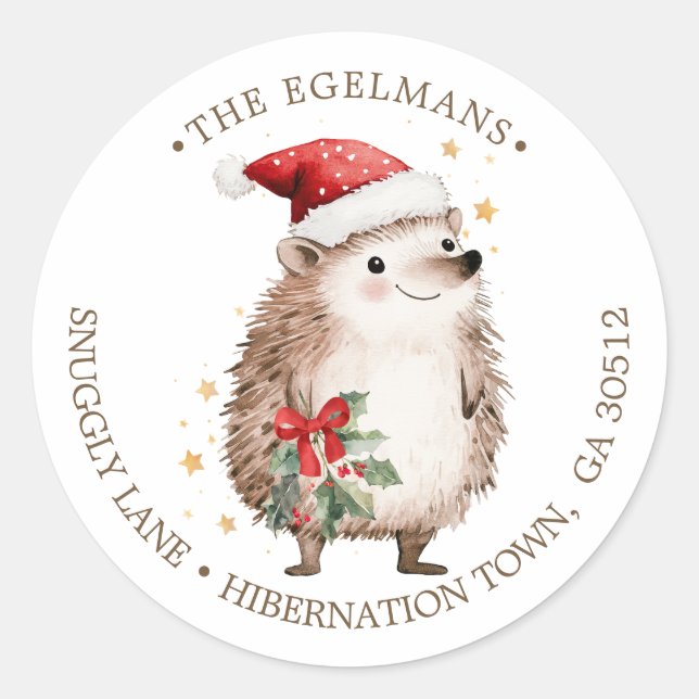 Hedgehog Santa Hat Christmas Return Address Label (Front)