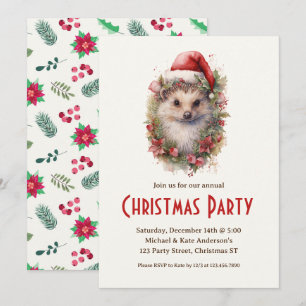 Hedgehog Santa Hat Red Poinsettias Christmas Party Invitation
