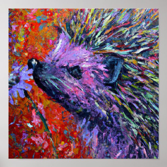 Hedgehog smelling a flower Palette Knife style art Poster (Front)