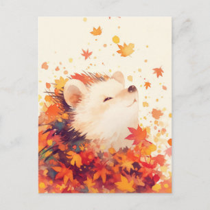 Hedgehog Smiling in Autumn Maple Leaf Postcard