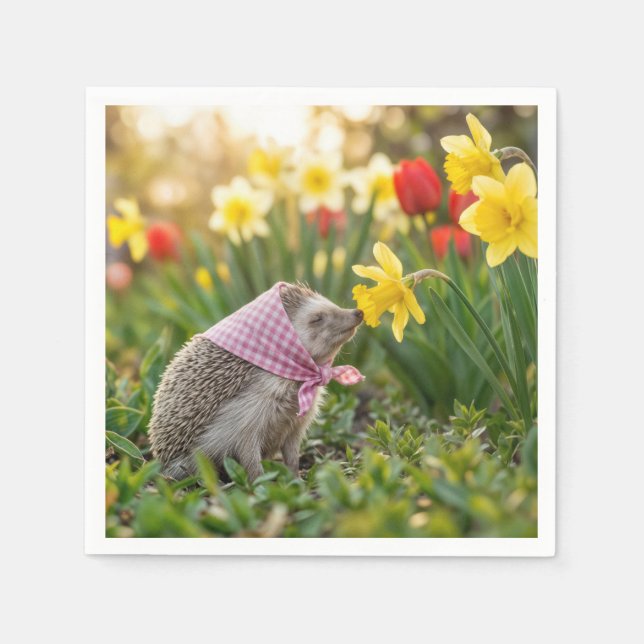 Hedgehog Sniffing a Yellow Daffodil Napkin (Front)