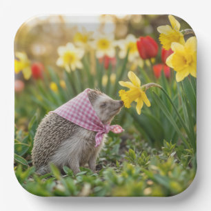 Hedgehog Sniffing a Yellow Daffodil Paper Plate