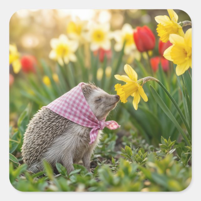 Hedgehog Sniffing a Yellow Daffodil Square Sticker (Front)