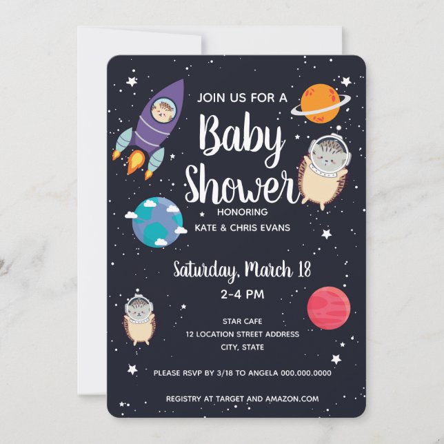 Hedgehog Space Navy Galaxy Baby Shower Invitation (Front)