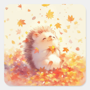 Hedgehog The Joy of Falling Leaves Square Sticker