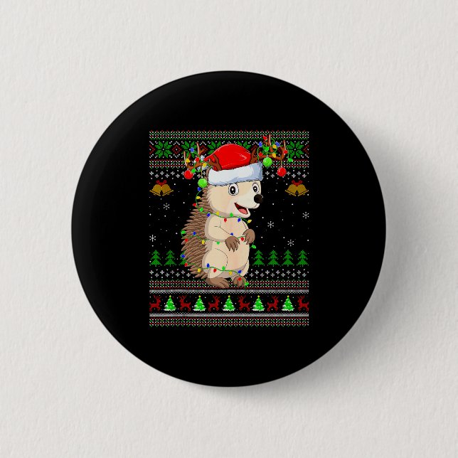 Hedgehog Ugly Christmas Sweaters Holiday Santa Cut 2 Inch Round Button (Front)
