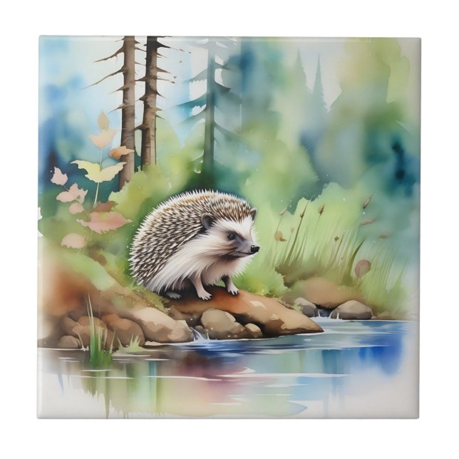 Hedgehog Watercolor Cute Tile (Front)