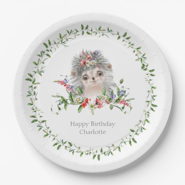 Hedgehog Watercolor Floral Personalized Paper Plat Plate (Front)