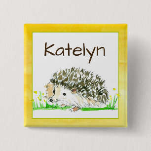 Hedgehog Watercolor Name Tag 2 Inch Square Button