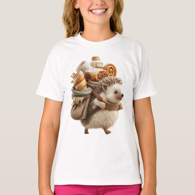 Hedgehog Wearing a Backpack Filled with Pastries T-Shirt (Front)
