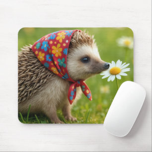 Hedgehog Wearing a Headscarf Sniffing a Daisy Mouse Pad