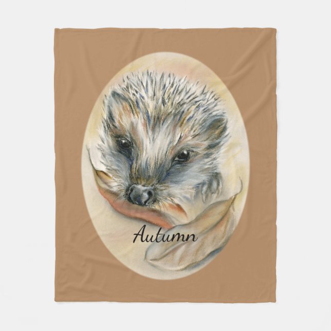 Hedgehog with Autumn Leaves Personalized Fleece Blanket (Front)