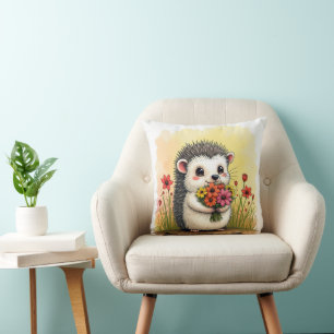 Hedgehog With Flower Bouquet Throw Pillow