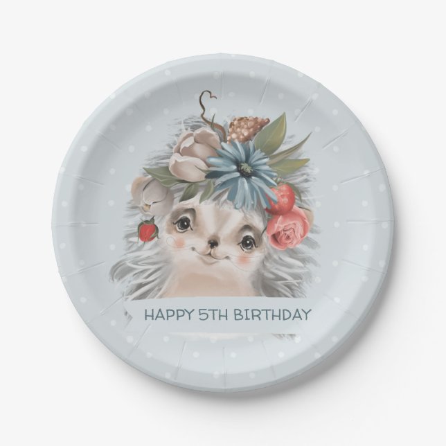 Hedgehog With Flowers Paper Plate (Front)