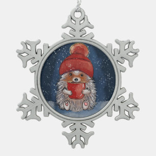 Hedgehog With Hot Drink Snowflake Pewter Christmas Ornament