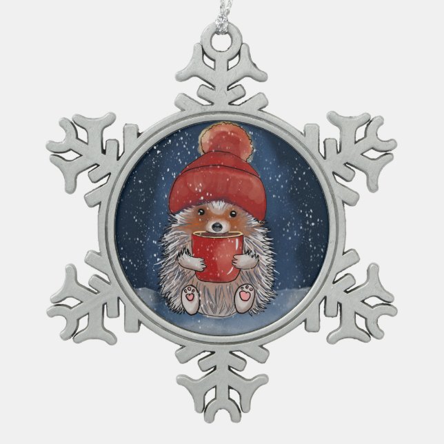 Hedgehog With Hot Drink  Snowflake Pewter Christmas Ornament (Front)