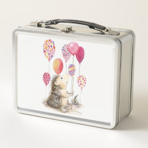 Hedgehog with pink balloons  metal lunch box