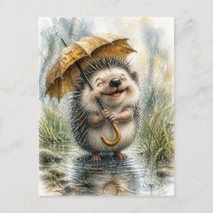 Hedgehog with Umbrella in Rain Postcard