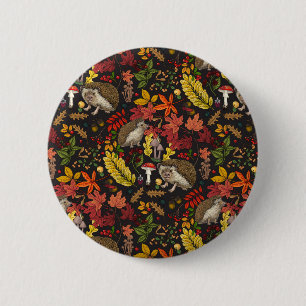 Hedgehogs and autumn forest flora on black 2 inch round button