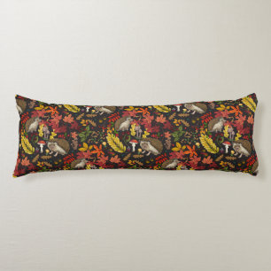 Hedgehogs and autumn forest flora on black body pillow