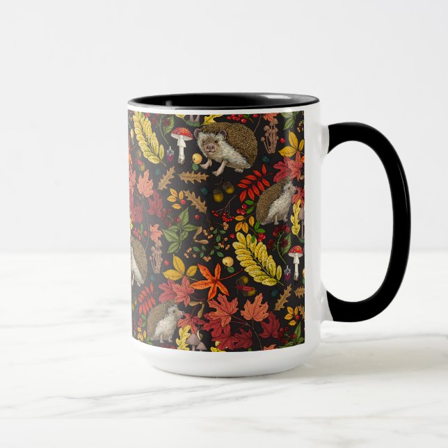 Hedgehogs and autumn forest flora on black mug (Right)