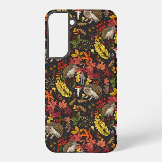 Hedgehogs and autumn forest flora on black samsung galaxy s22+ case (Back)