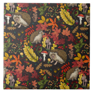 Hedgehogs and autumn forest flora on black tile