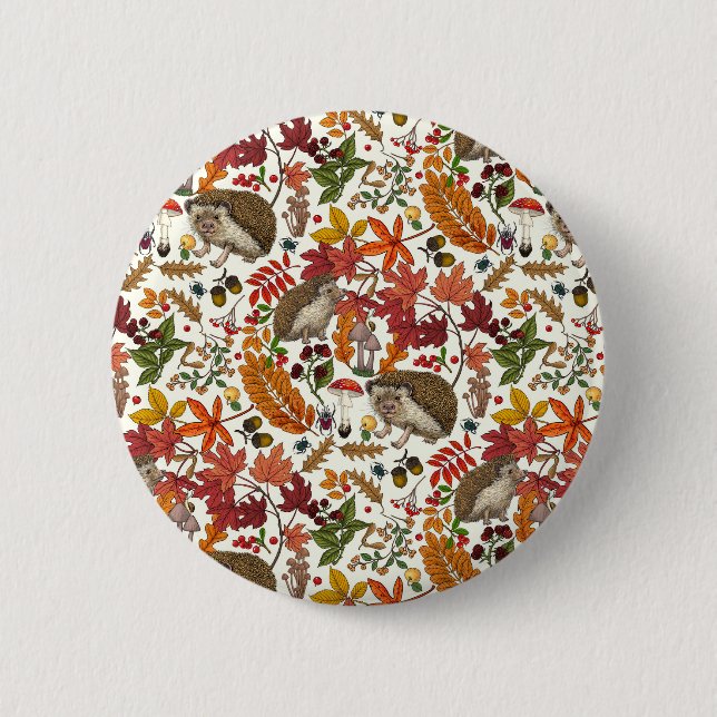 Hedgehogs and autumn forest flora on ivory 2 inch round button (Front)