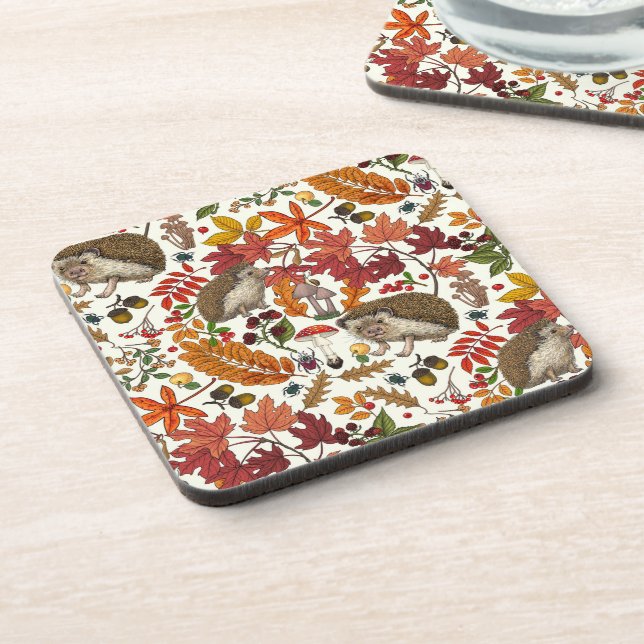 Hedgehogs and autumn forest flora on ivory coaster (Left Side)
