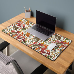 Hedgehogs and autumn forest flora on ivory desk mat