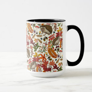 Hedgehogs and autumn forest flora on ivory mug