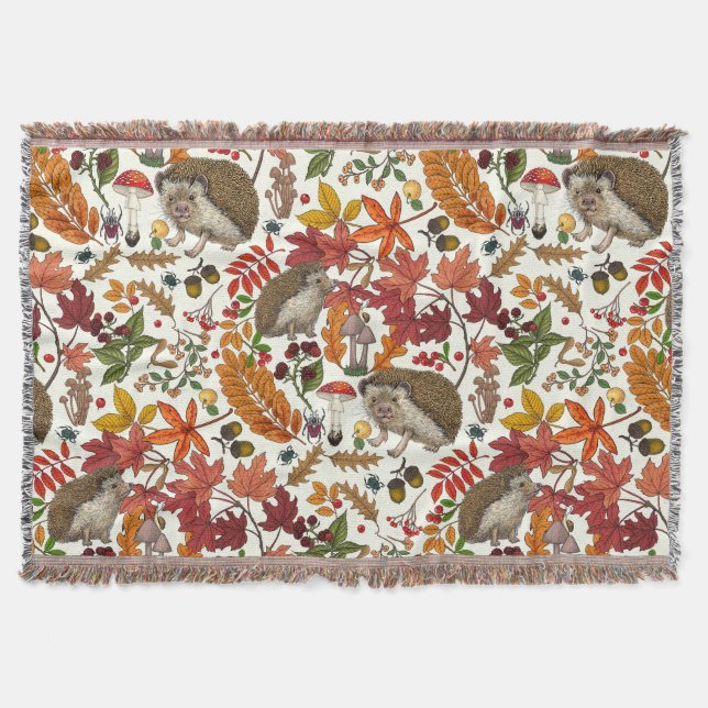 Hedgehogs and autumn forest flora on ivory throw blanket (Front)
