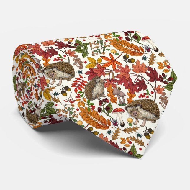 Hedgehogs and autumn forest flora on ivory tie (Rolled)