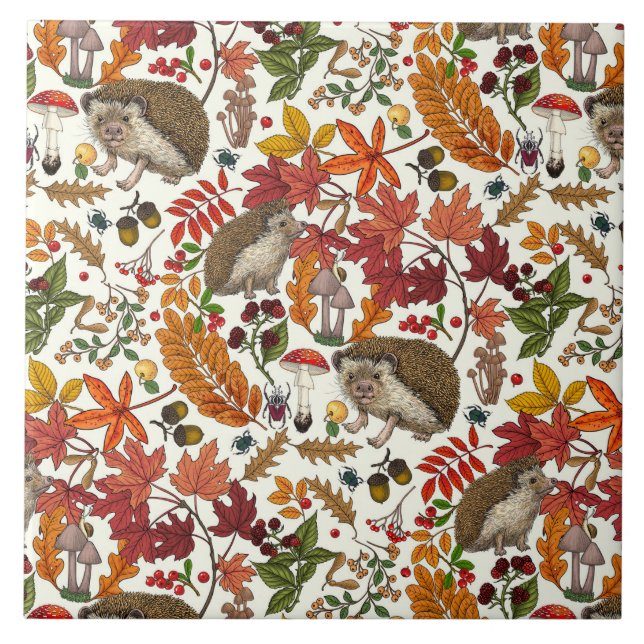 Hedgehogs and autumn forest flora on ivory tile (Front)