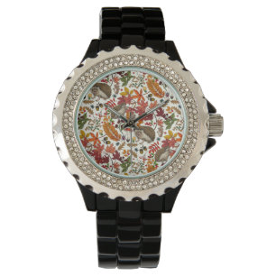 Hedgehogs and autumn forest flora on ivory watch