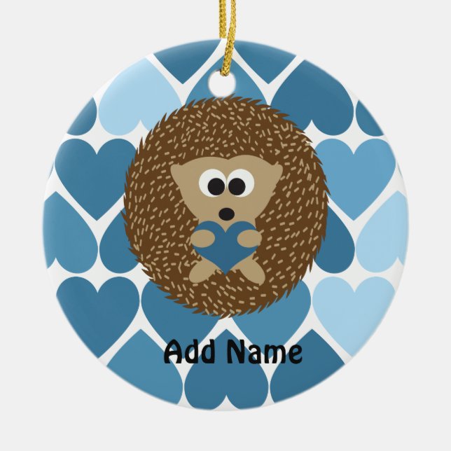 Hedgehogs and Blue Hearts Ceramic Ornament (Front)