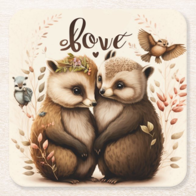  hedgehogs in love       square paper coaster (Front)